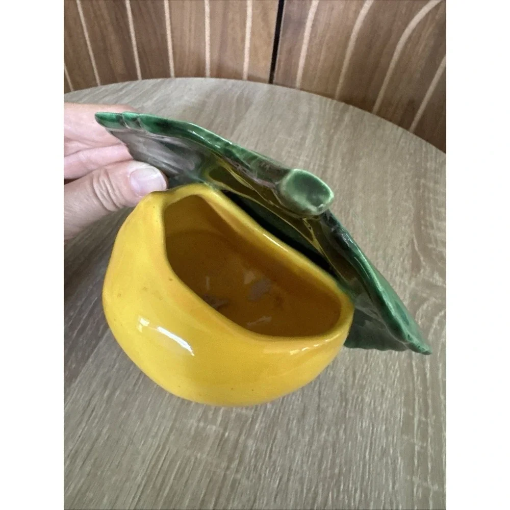 Vintage Ceramic Golden Yellow Apple Wall Pocket Hanging Decor Green Leaf